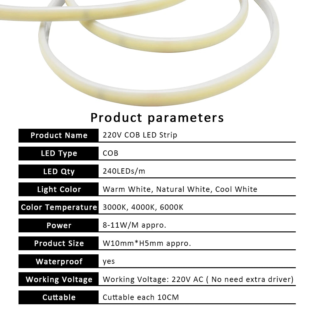LED Strips 220V Waterproof COB LED Strip Light 240Leds/M 3000K 4000K 6000K Home Decor Flexible Ribbon Linear Lighting