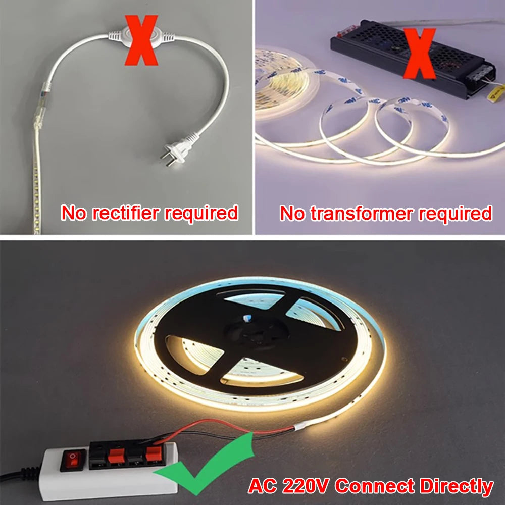 Led Strip 220V Self-adhesive COB Led Strip Lights No Need Driver Flexible Ribbon for Room Kitchen