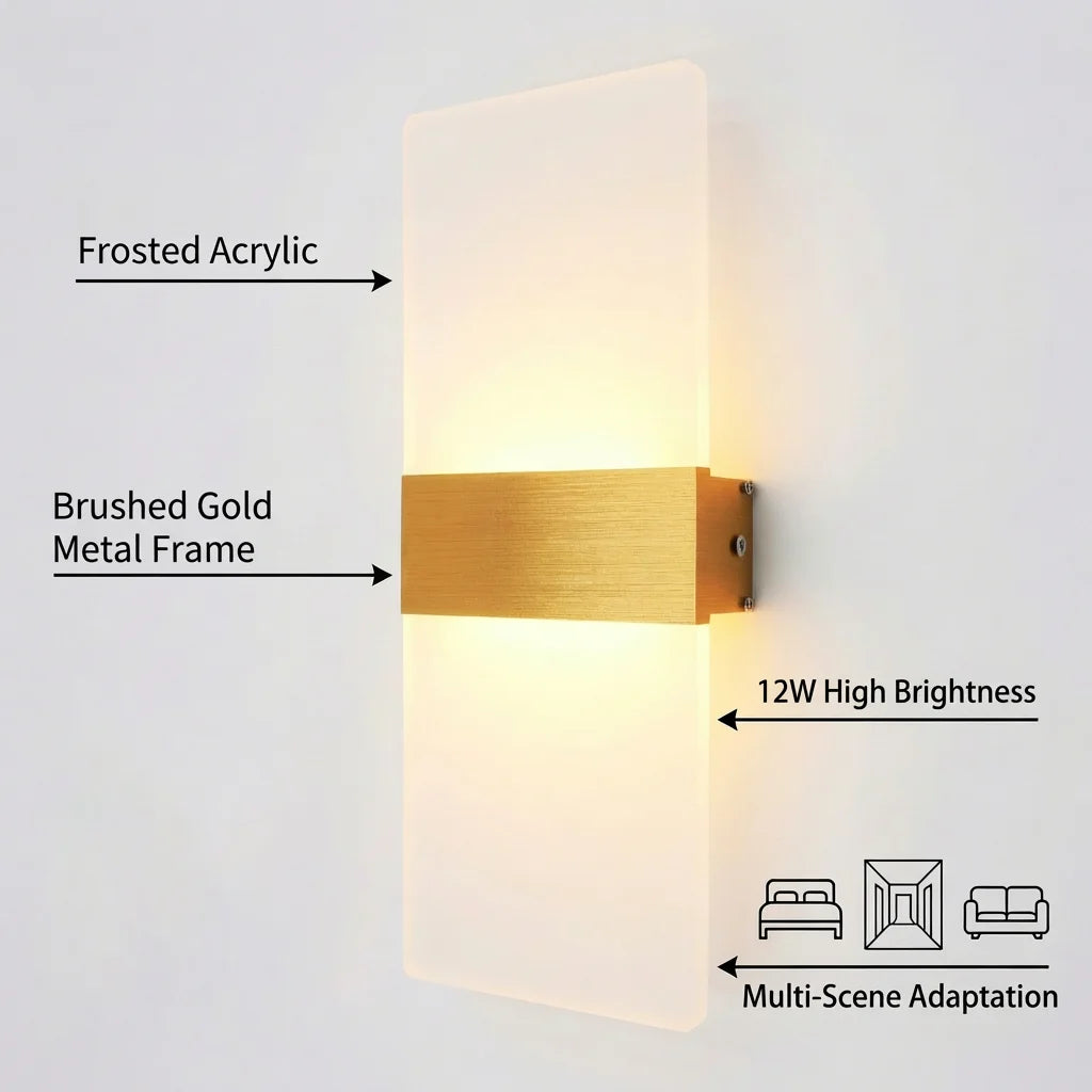 Indoor Wall Light, Modern Acrylic LED Wall Lamp, 6W/12W Wall Sconce Up Down Lighting for Bedroom, Hallway, Staircase