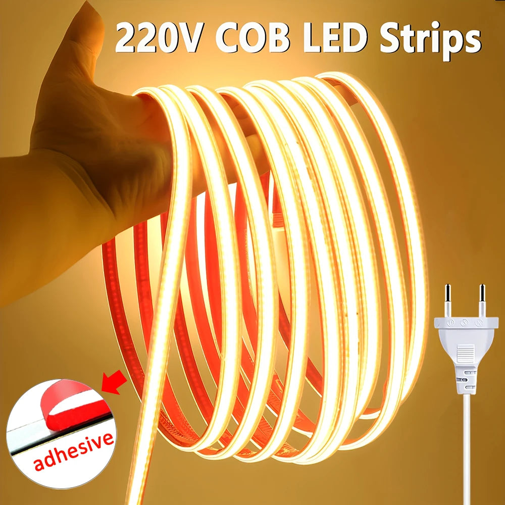 Led Strip 220V Self-adhesive COB Led Strip Lights No Need Driver Flexible Ribbon for Room Kitchen