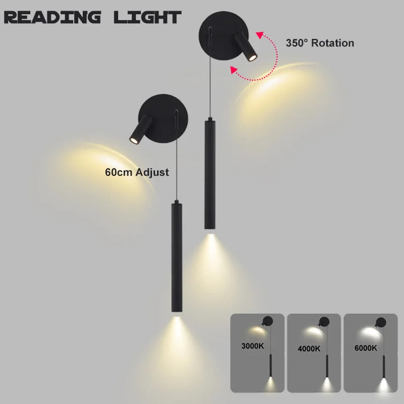 Indoor LED Reading Wall Lights with Rotatable Spotlight for Bedside Hardwired Bedroom LED Wall Lamps Wall Sconce Lighting Black