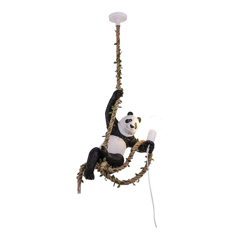 Indoor Lighting Vintage Resin Panda Pendant Light Loft Hemp Rope Hanging Lamp Fixture Home Decor Luminaire Suspension Chandelier