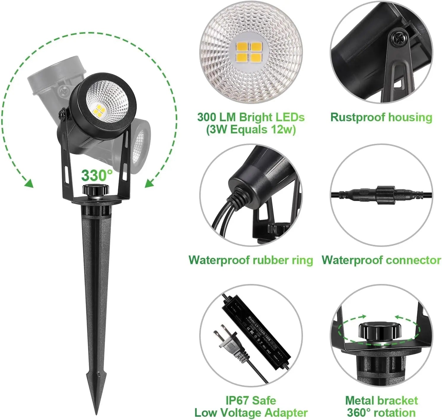 Outdoor Landscape Lighting, 4-10 Pack LED Spot Lights with Transformers, 12V Low Voltage IP65 Waterproof Plug in Spotlight