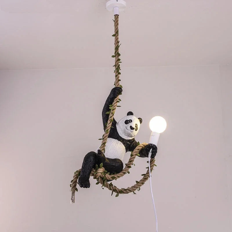 Indoor Lighting Vintage Resin Panda Pendant Light Loft Hemp Rope Hanging Lamp Fixture Home Decor Luminaire Suspension Chandelier