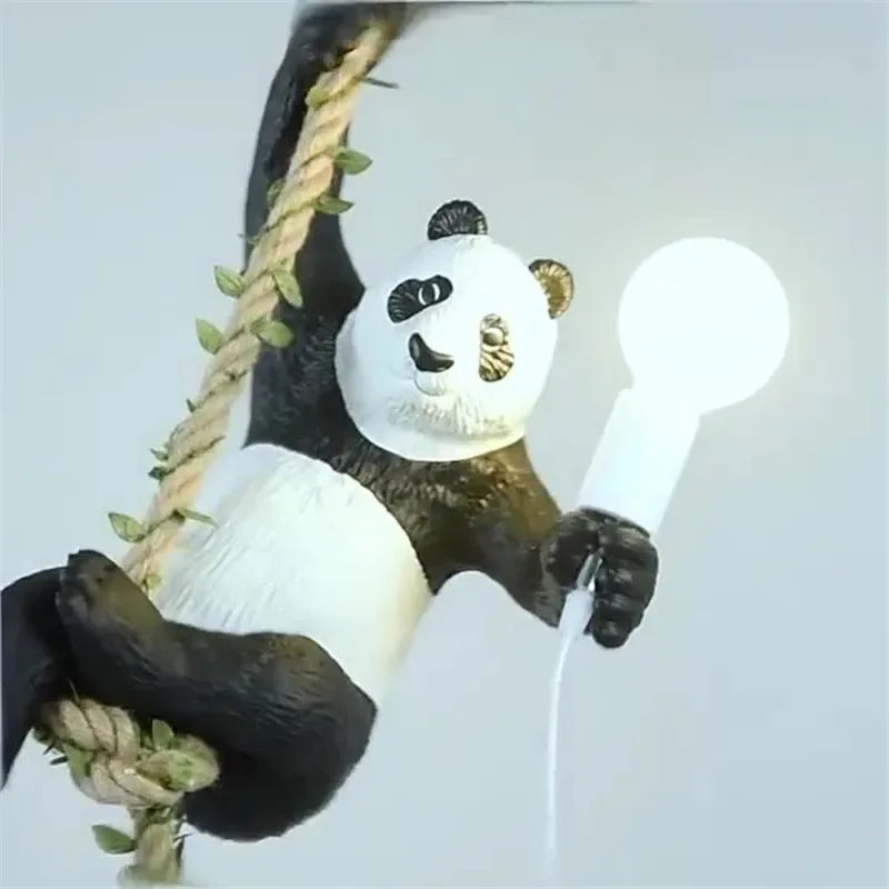 Indoor Lighting Vintage Resin Panda Pendant Light Loft Hemp Rope Hanging Lamp Fixture Home Decor Luminaire Suspension Chandelier