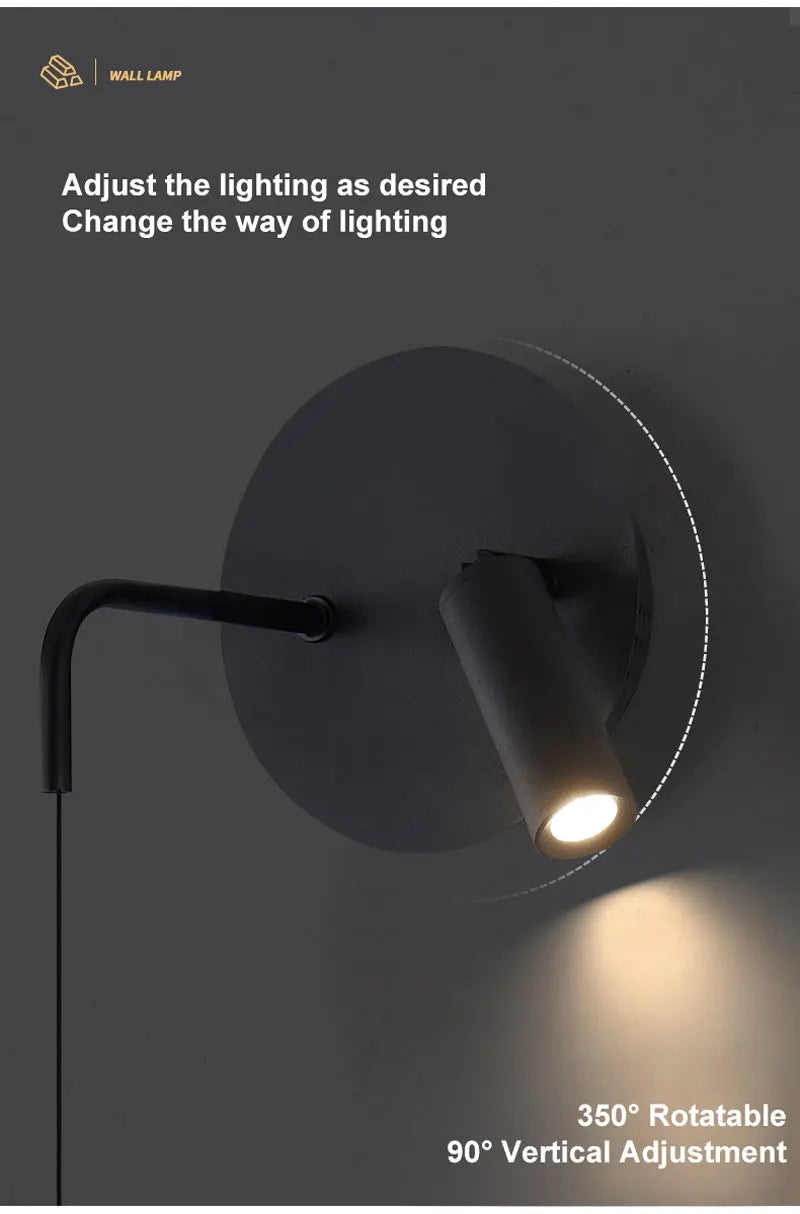 Indoor LED Reading Wall Lights with Rotatable Spotlight for Bedside Hardwired Bedroom LED Wall Lamps Wall Sconce Lighting Black