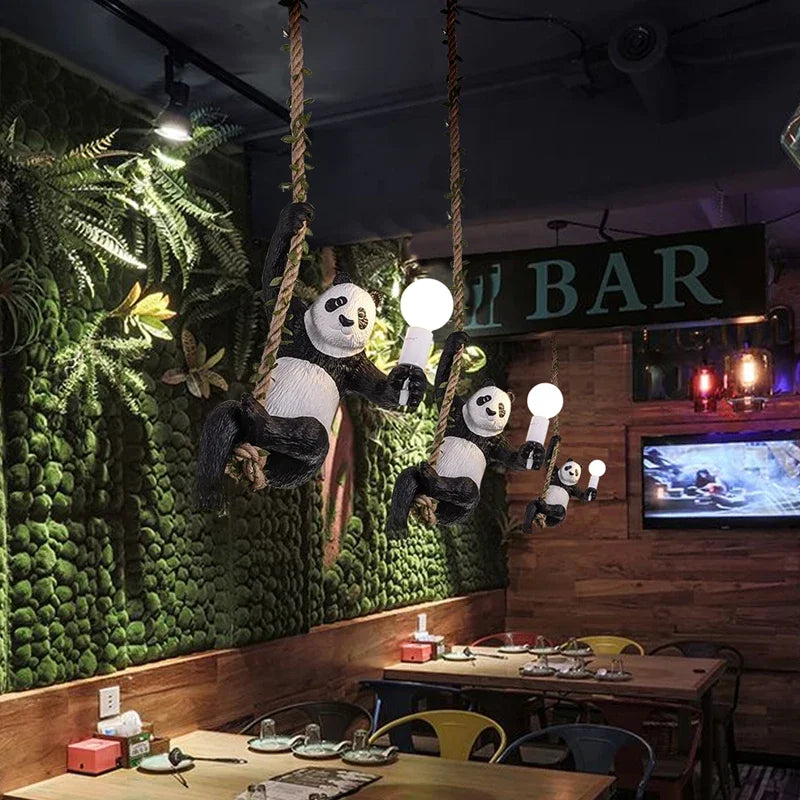 Indoor Lighting Vintage Resin Panda Pendant Light Loft Hemp Rope Hanging Lamp Fixture Home Decor Luminaire Suspension Chandelier