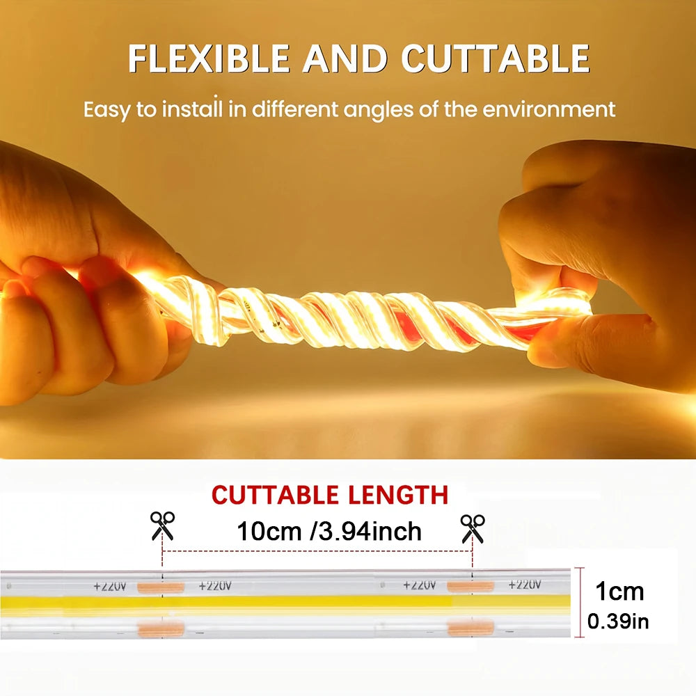 Led Strip 220V Self-adhesive COB Led Strip Lights No Need Driver Flexible Ribbon for Room Kitchen