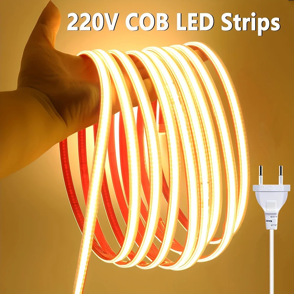 Led Strip 220V Self-adhesive COB Led Strip Lights No Need Driver Flexible Ribbon for Room Kitchen