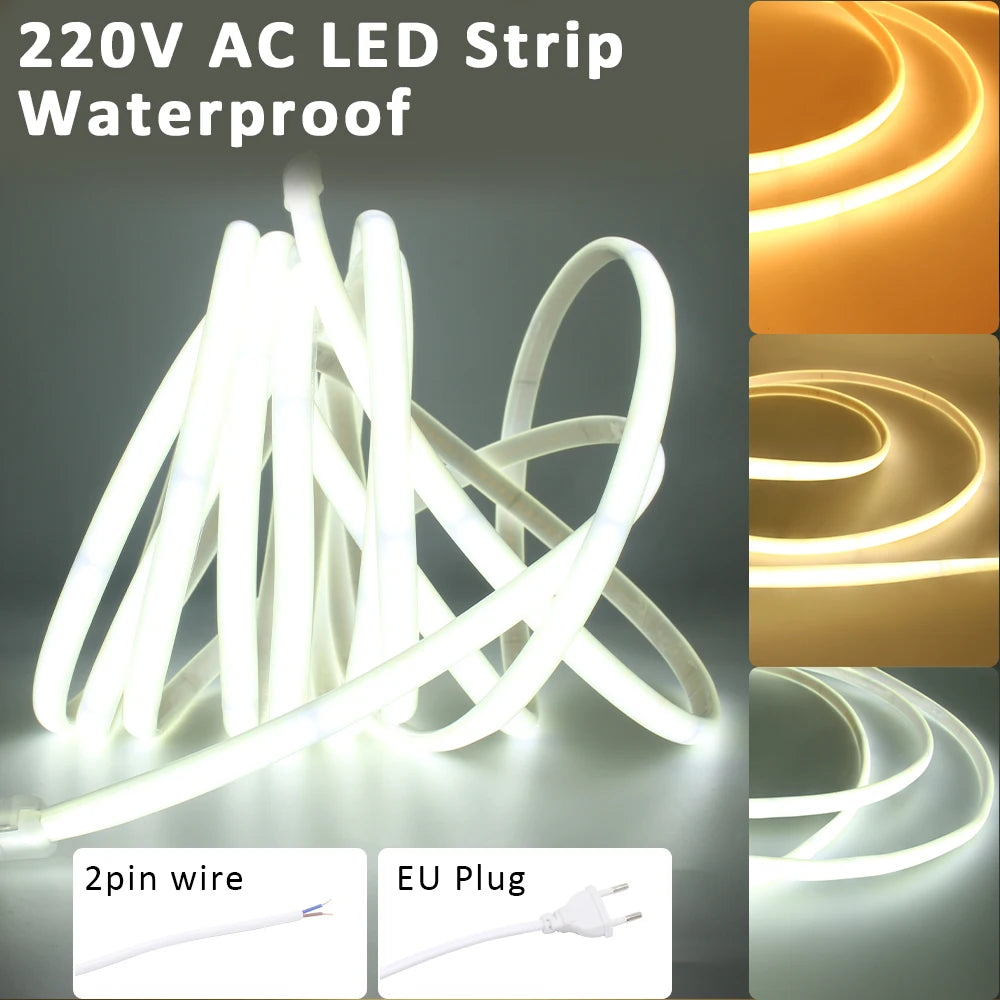 LED Strips 220V Waterproof COB LED Strip Light 240Leds/M 3000K 4000K 6000K Home Decor Flexible Ribbon Linear Lighting