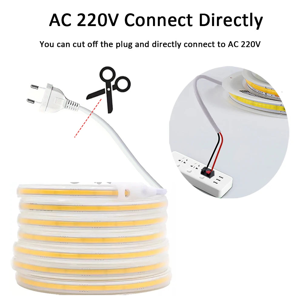 Led Strip 220V Self-adhesive COB Led Strip Lights No Need Driver Flexible Ribbon for Room Kitchen