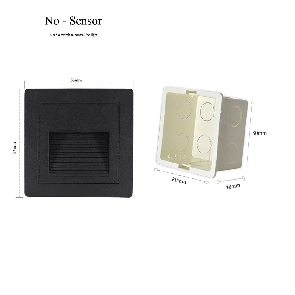 Outdoor Step Lighting 3W LED Embedded Wall Lamps Waterproof Outside Night Footlight+Bottom Box for Stairway Balcony Garden Porch