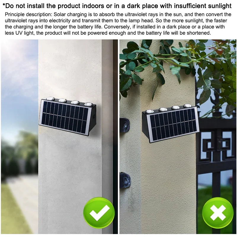 Outdoor Indoor Solar Wall Light 4/6/8 LED Waterproof IP65 Courtyard Balcony Corridor Bedroom Up and Down Lighting Fixtures