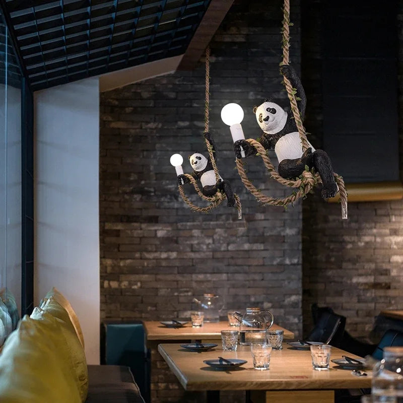 Indoor Lighting Vintage Resin Panda Pendant Light Loft Hemp Rope Hanging Lamp Fixture Home Decor Luminaire Suspension Chandelier