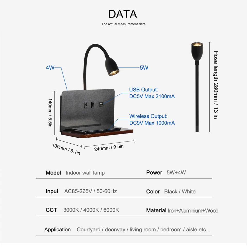 360° Rotatable LED Wall Light with USB & Wireless Charging