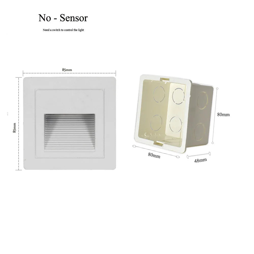 Outdoor Step Lighting 3W LED Embedded Wall Lamps Waterproof Outside Night Footlight+Bottom Box for Stairway Balcony Garden Porch
