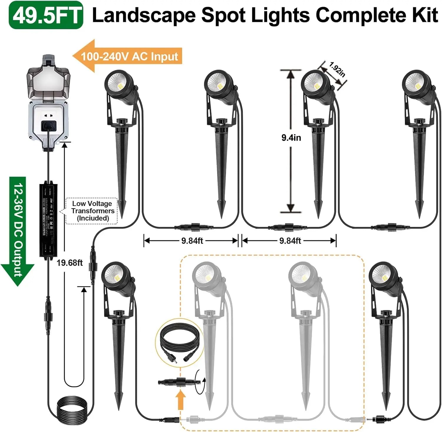 Outdoor Landscape Lighting, 4-10 Pack LED Spot Lights with Transformers, 12V Low Voltage IP65 Waterproof Plug in Spotlight